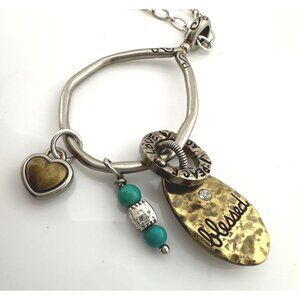 Brighton *BLESSED* Charm Necklace - Joy * Peace * Love w Hearts, Turquoise Beads